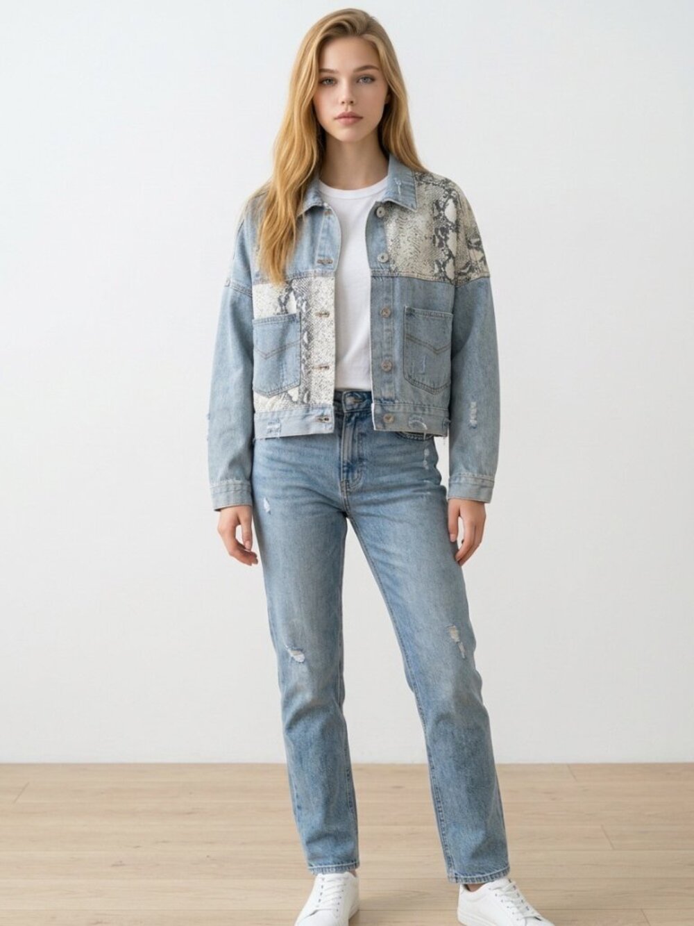 POL Distressed Cropped Snake Print Denim Jacket - Medium (NWOT)